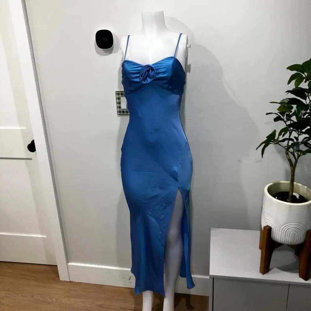 Blue satin maxi dress with 3D floral detail